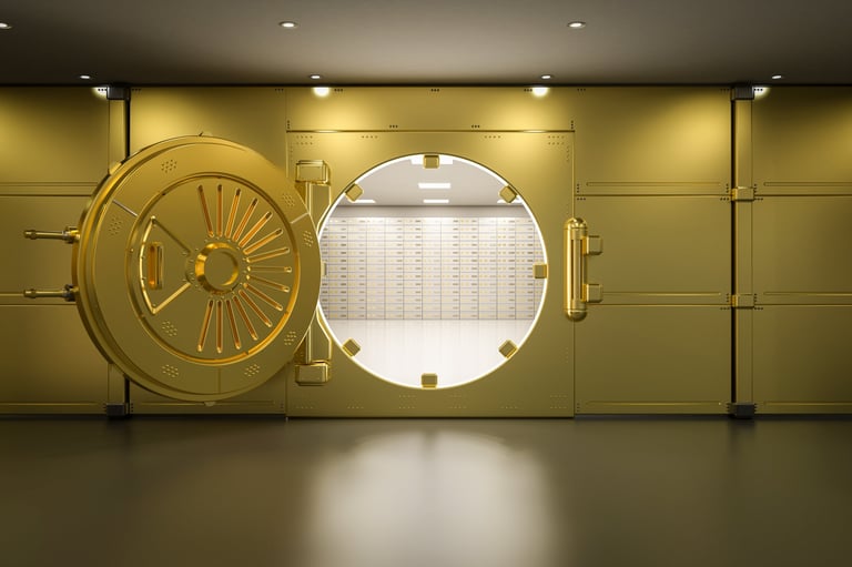 Golden bank vault door open with shining light