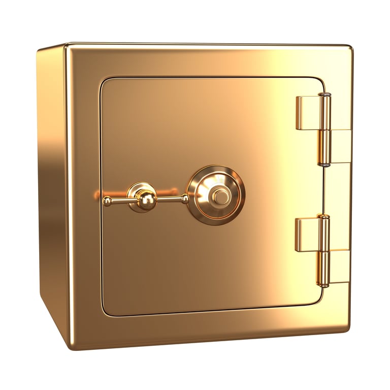 3D render of a shiny gold metallic safe with a dial lock