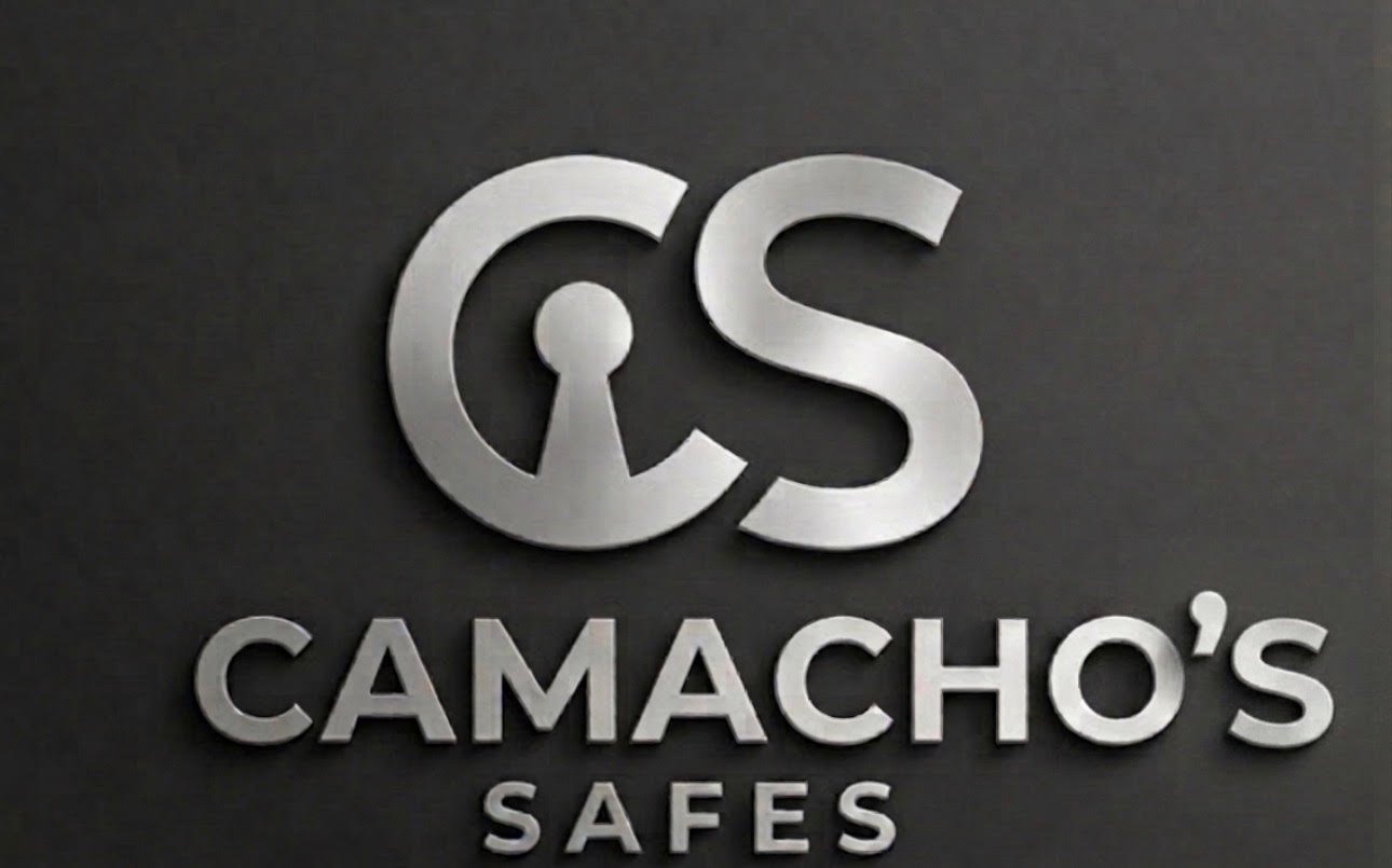 Camachos Safes logo featuring silver CS letters with a keyhole design on dark background