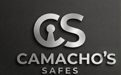 Camachos Safes logo featuring silver CS letters with a keyhole design on dark background