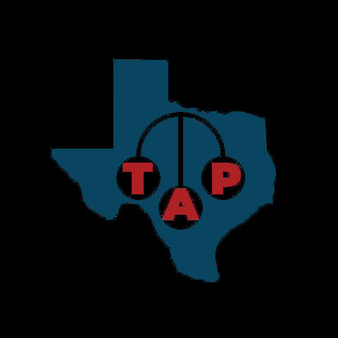TAP logo with Texas state outline in teal and red letters